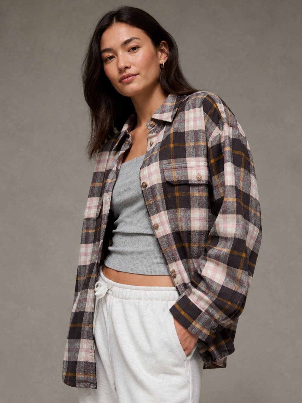 aerie Oversized Plaid Flannel Button Up Shirt Pink Gray M